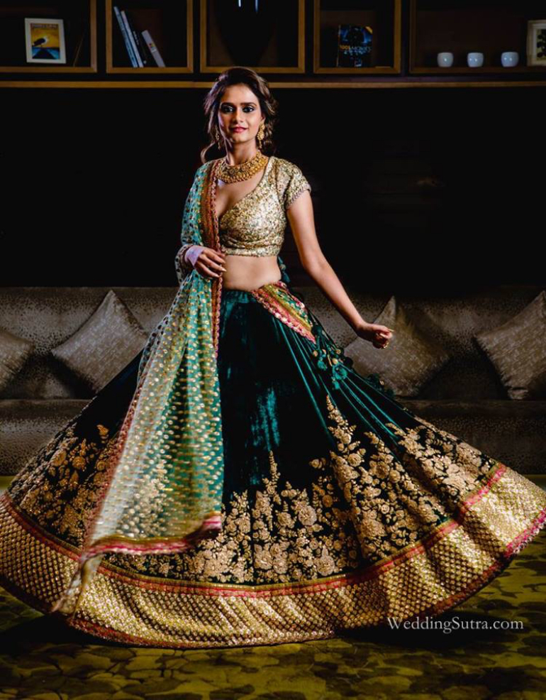 Rihaa in bottle green lehenga - Art Leaves a Mark