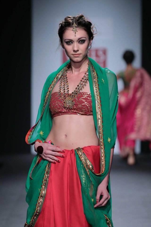 Anupamaa by Anupama Dayal at Wills Lifestyle India Fashion Week 2014 red and green sari with bandeau top