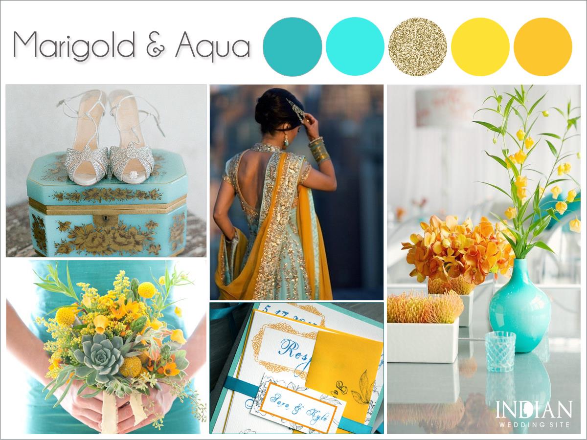 Aqua, Marigold Yellow and Gold Indian Wedding Color Palette