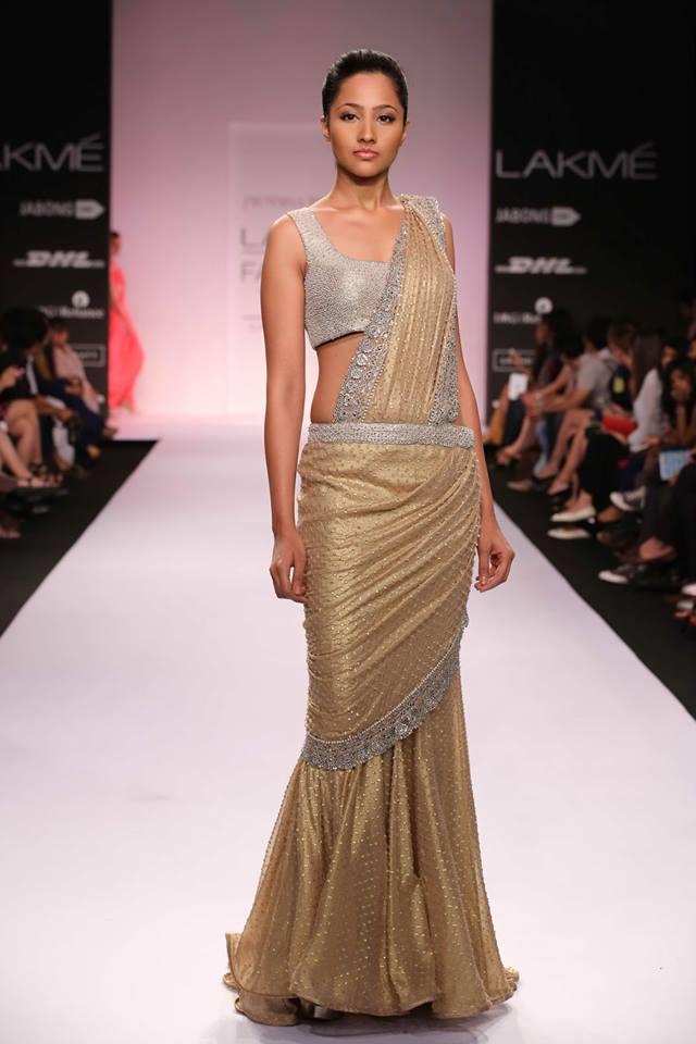 Jyotsna Tiwari Lakme Fashion Week Summer 2014 gold and silver fusion Indian wedding sari