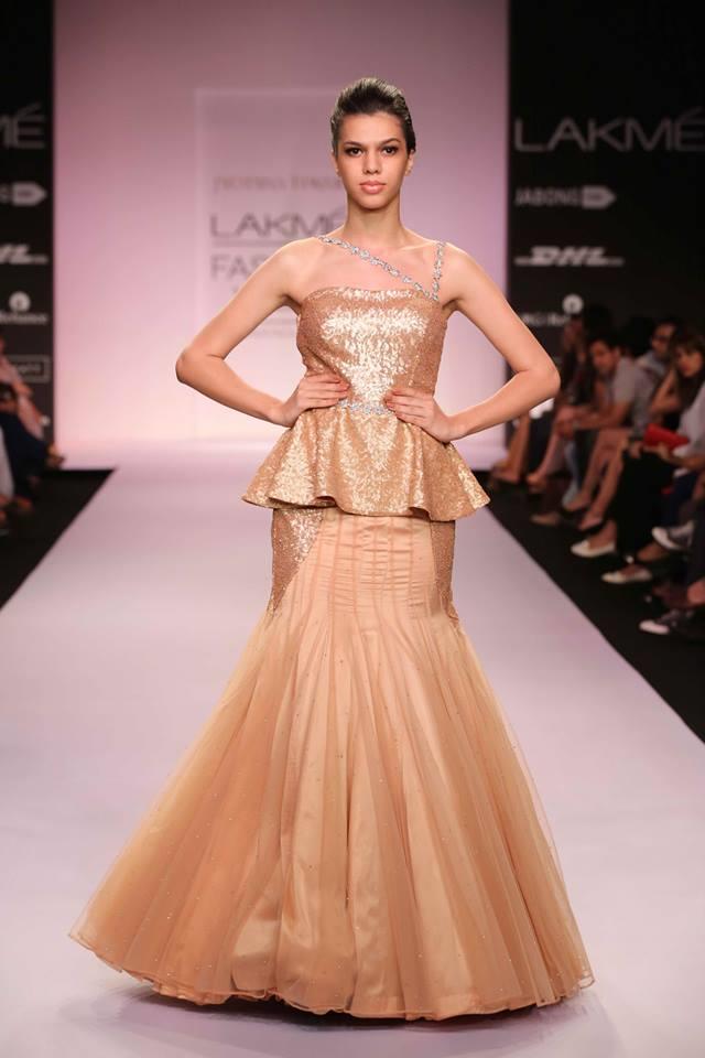 Jyotsna Tiwari Lakme Fashion Week Summer 2014 metallic gold beige flared Indian wedding dress