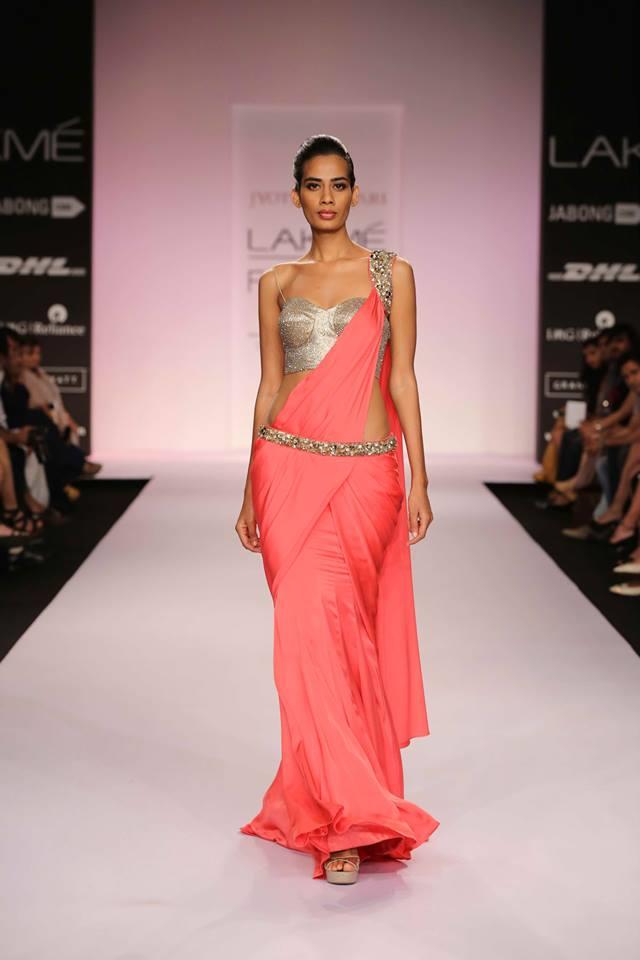 Jyotsna Tiwari Lakme Fashion Week Summer 2014 pink sari with gold blouse and belt