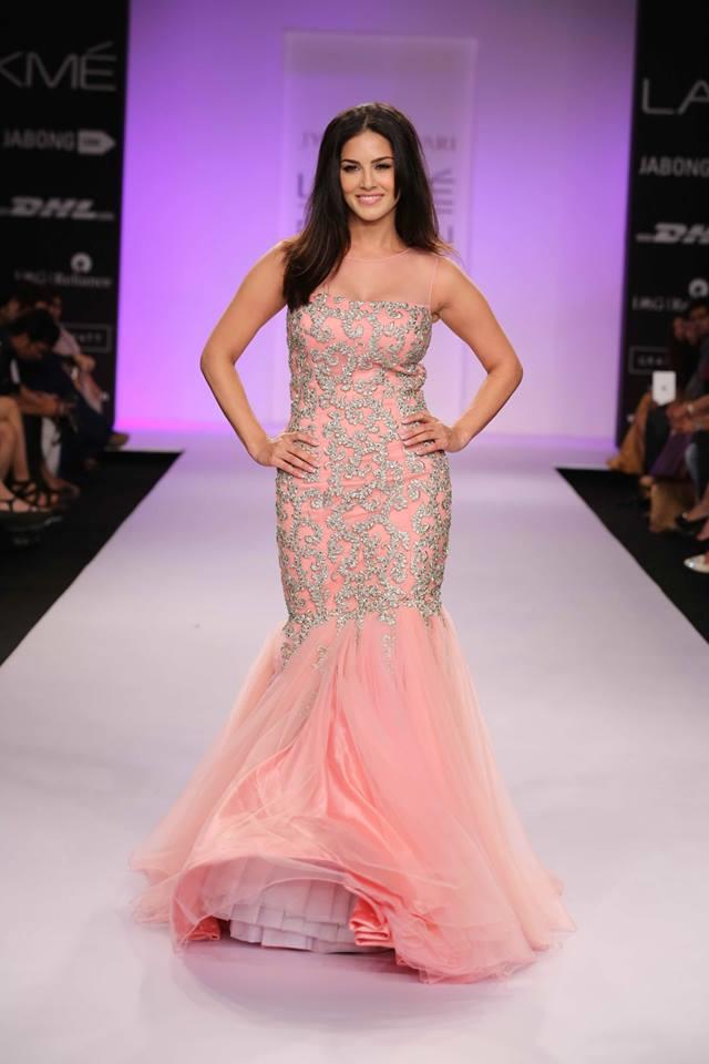 Jyotsna Tiwari Lakme Fashion Week Summer 2014 Sunny Leone mermaid pink Indian dress gown