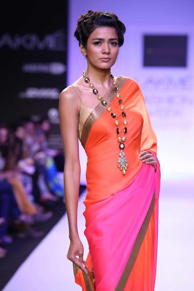 Mandira Bedi Lakme Fashion Week Summer 2014 color blocked pink and orange sari
