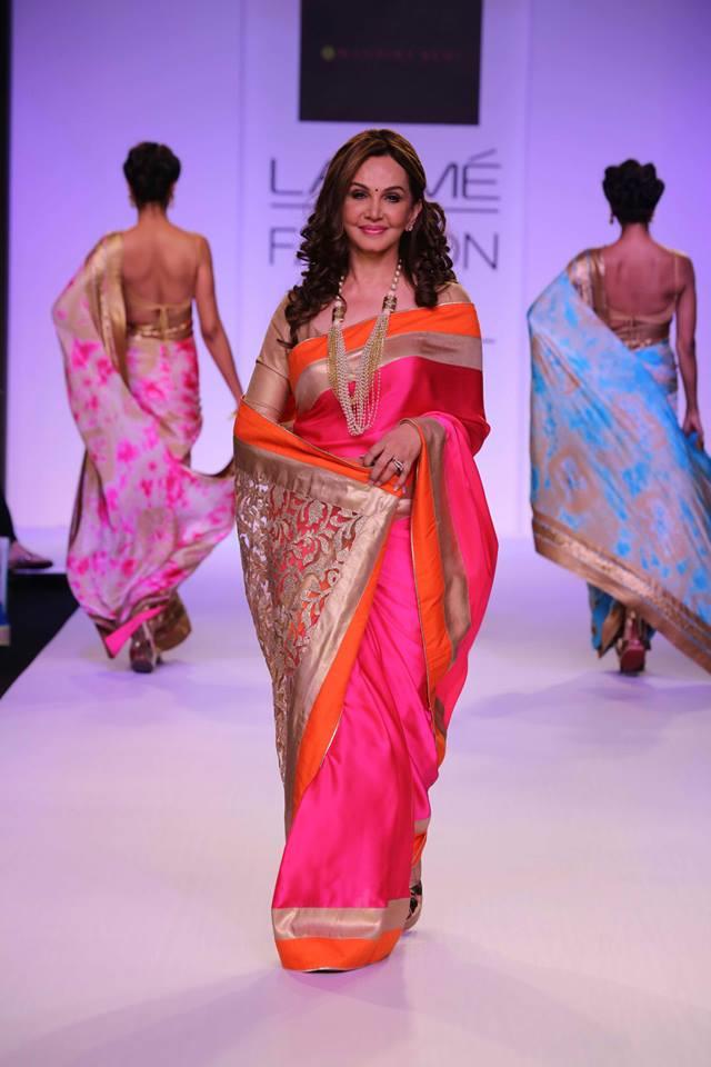 Mandira Bedi Lakme Fashion Week Summer 2014 pink orange gold sari