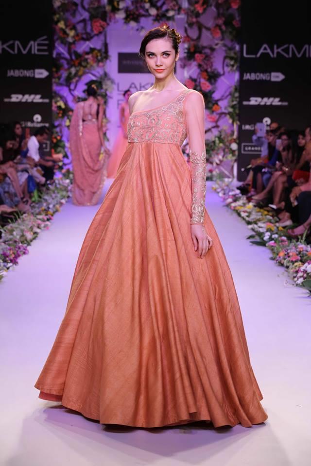 Shyamal & Bhumika Lakme Fashion Week Summer Resort 2014 coral peach one shoulder dress