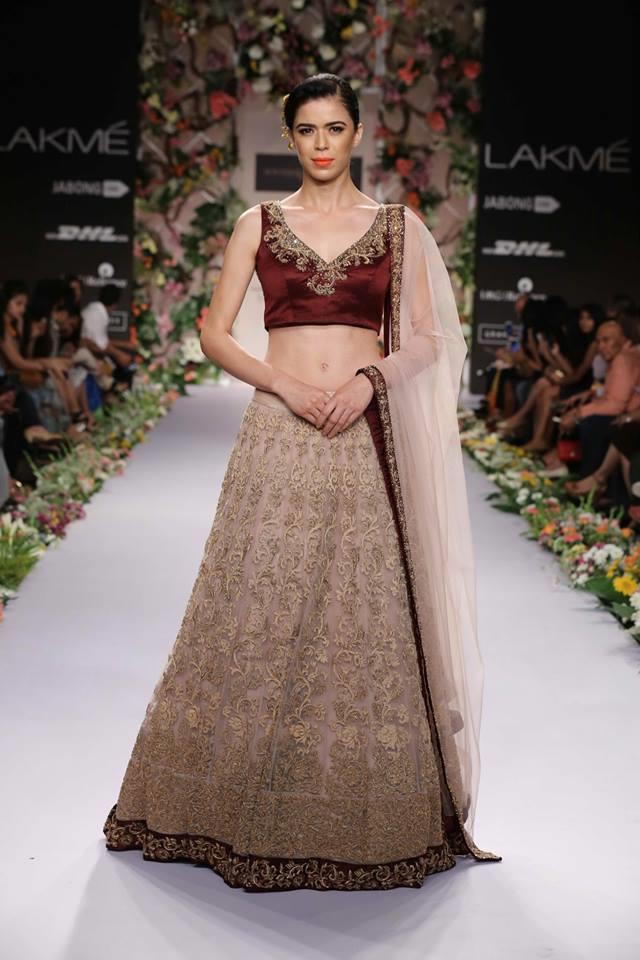 Shyamal & Bhumika Lakme Fashion Week Summer Resort 2014 Indian wedding bridal marroon beige lehnga