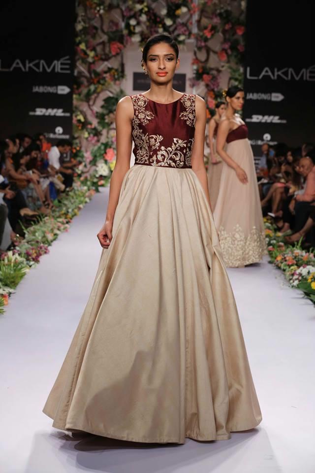 Shyamal & Bhumika Lakme Fashion Week Summer Resort 2014 maroon and beige Indian wedding dress