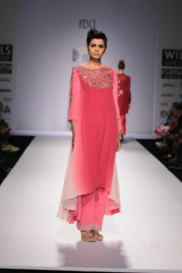 Nikasha Wills Lifestyle India Fashion Week 2014 pink red suit with wide leg pants