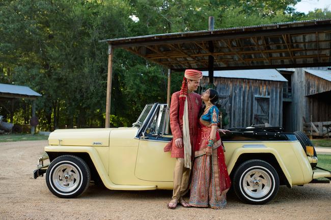 8a INDIAN WEDDING BRIDE AND GROOM PORTRAIT YELLOW CAR