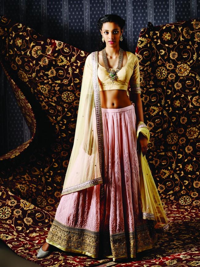 The Nalika lehenga, Rachna earring and Swarnapanna necklace by Anita Dongre