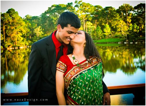 outdoor-indian-esession-green-and-red-sari Florida Indian Engagement Photos by naza Design