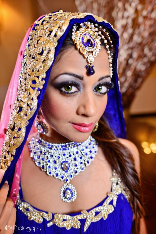 indian wedding makeup and blue jewelry