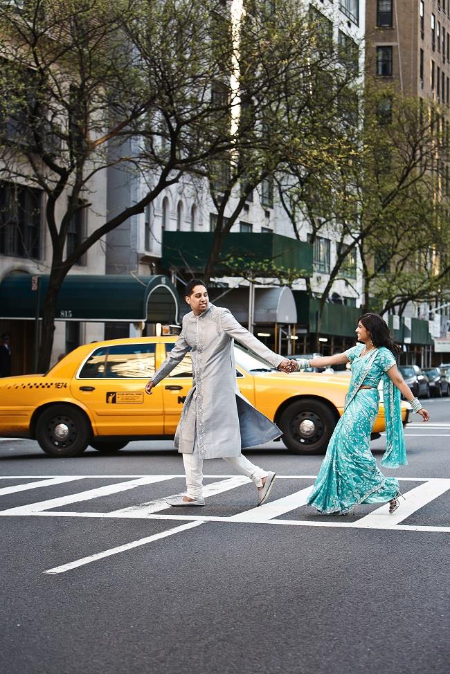 2aindian engagement session crossing street blue sari