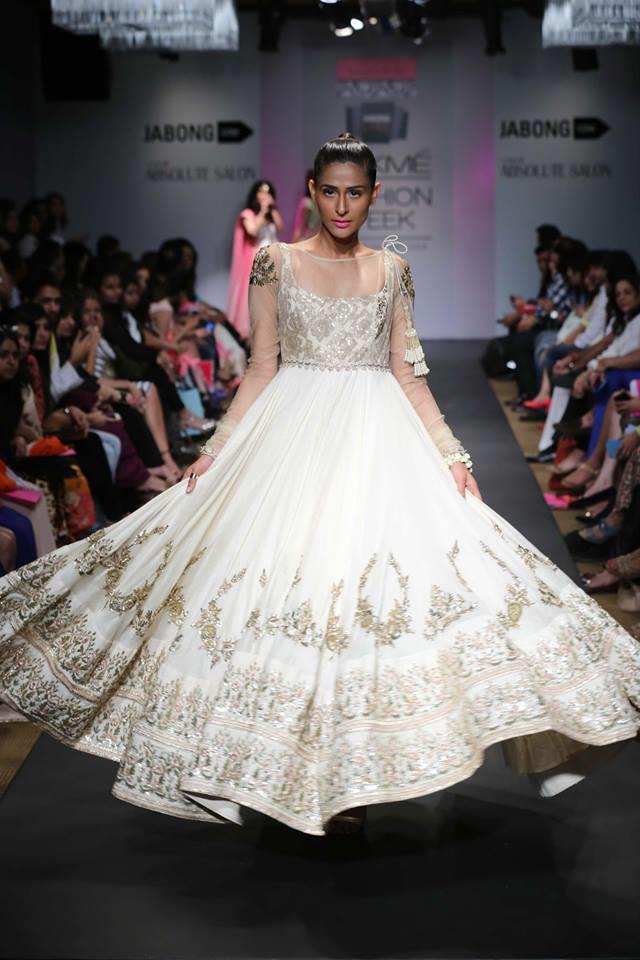 Anushree Reddy Lakme Fashion Week Summer Resort 2014 white ivory gold gown net anarkali